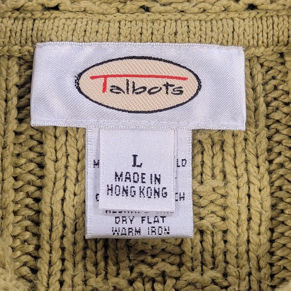 Vintage Talbots Cable Knit Cardigan Sweater Mock Neck Cotton Green Women's Large - Picture 5 of 10